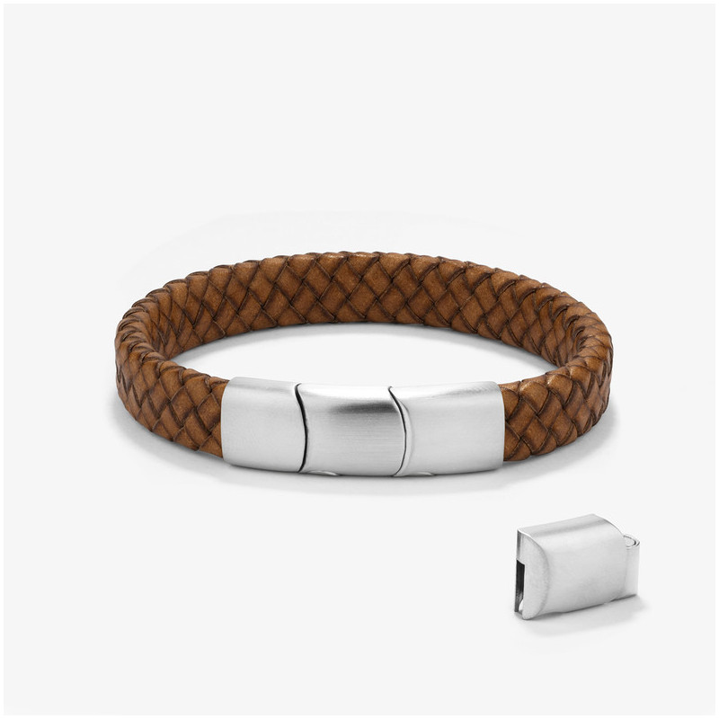 Pulsera Hombre Trama Camel/Plata | Cuero y Acero con Elegancia