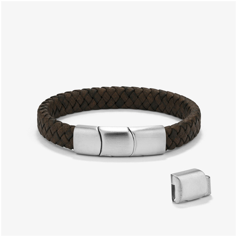 Pulsera Hombre Trama Chocolate/Plata | Cuero de Alta Calidad