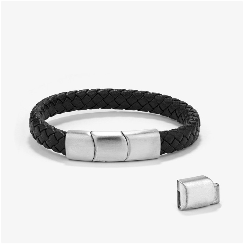  Pulsera Hombre Trama Negro/Plata | Cuero y Acero Atemporales
