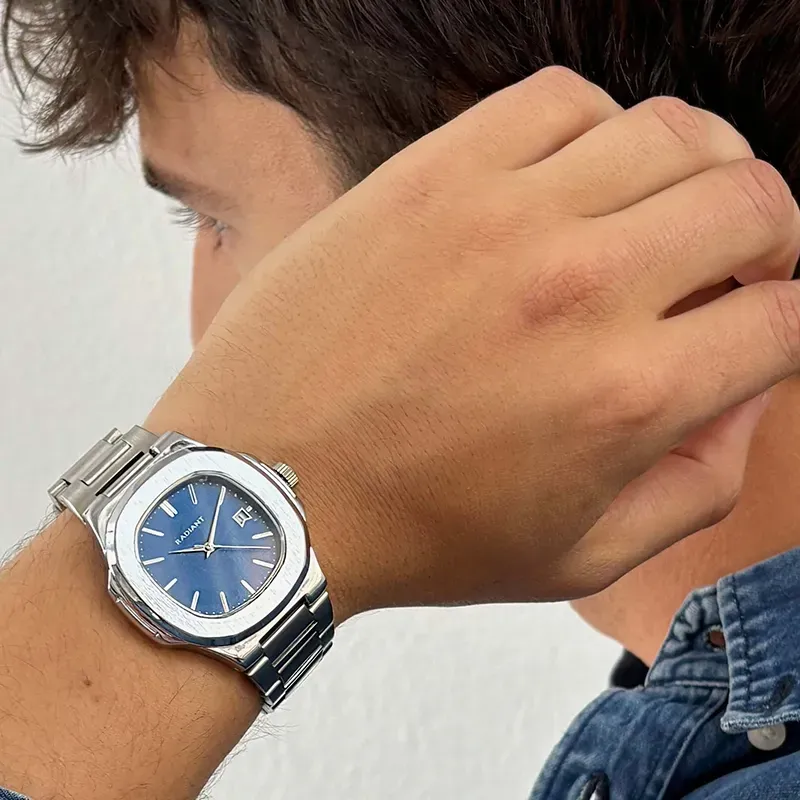 Radiant T-Time Reloj Hombre Plateado Esfera Azul caja hexagonal