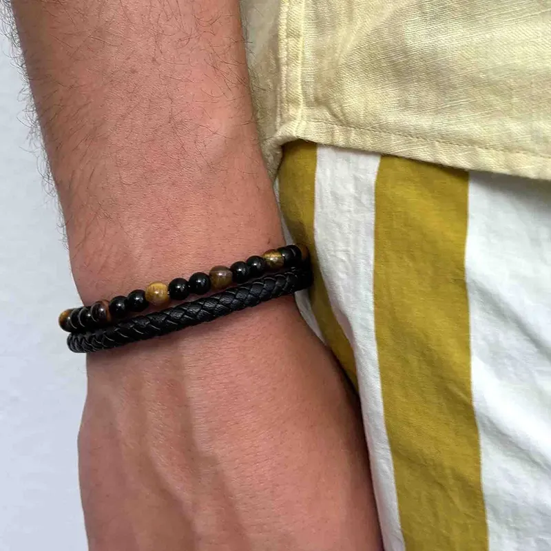 Pulsera para Hombre Cande de Cuero y Abalorios Marrón