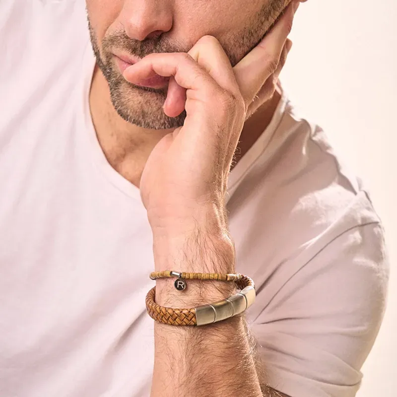 Pulsera Hombre Trama Camel/Plata | Cuero y Acero con Elegancia
