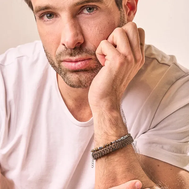 Pulsera Hombre Trama Chocolate/Plata | Cuero de Alta Calidad