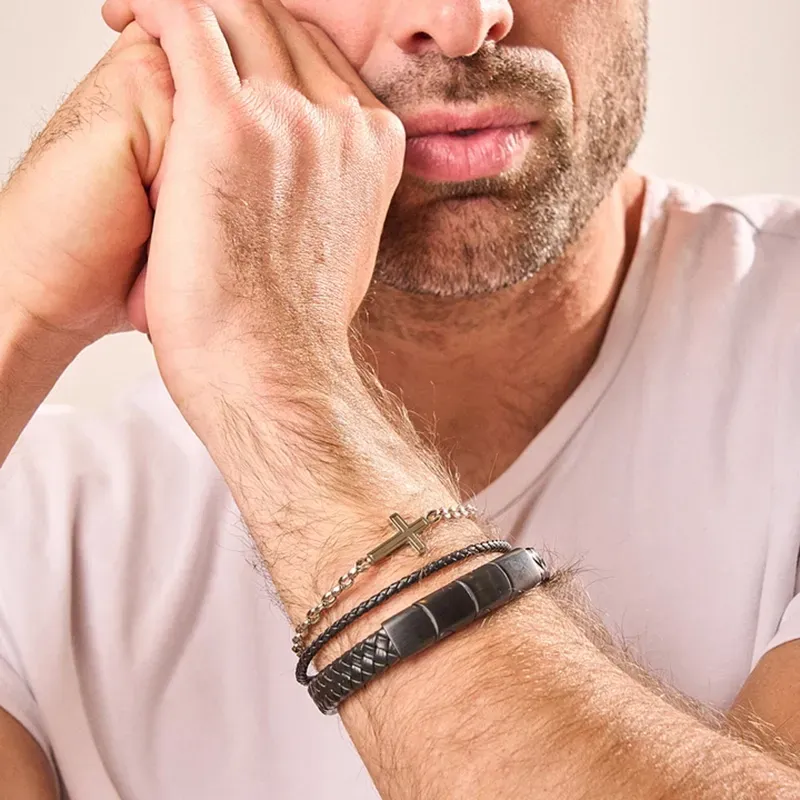  Pulsera Hombre Trama Negro | Diseño Moderno en Cuero