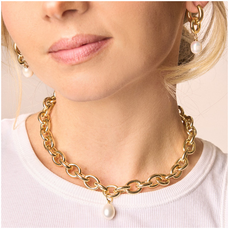 Pendientes Mujer Emily Loop Dorado | Aros Dorados con Perla Decorativa