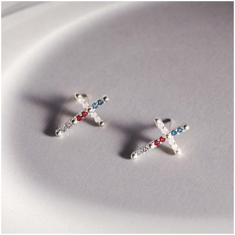 Pendientes presión SS piedras CRUCES Radiant Mujer Plata de Ley