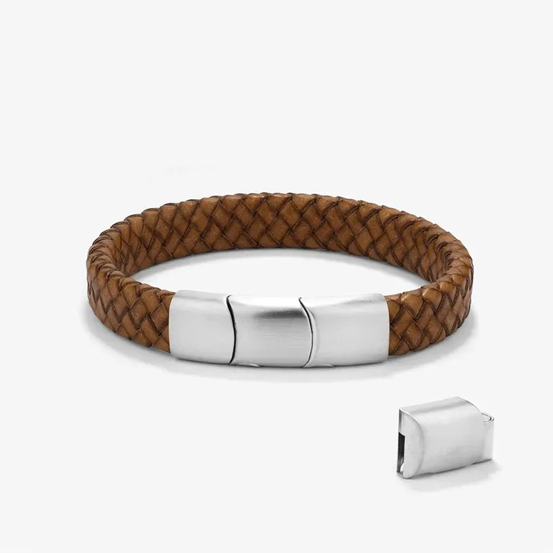 Pulsera Hombre Trama Camel/Plata | Cuero y Acero con Elegancia