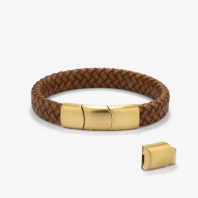 Pulsera Hombre Trama Camel/Oro | Cuero y Acero Sofisticados