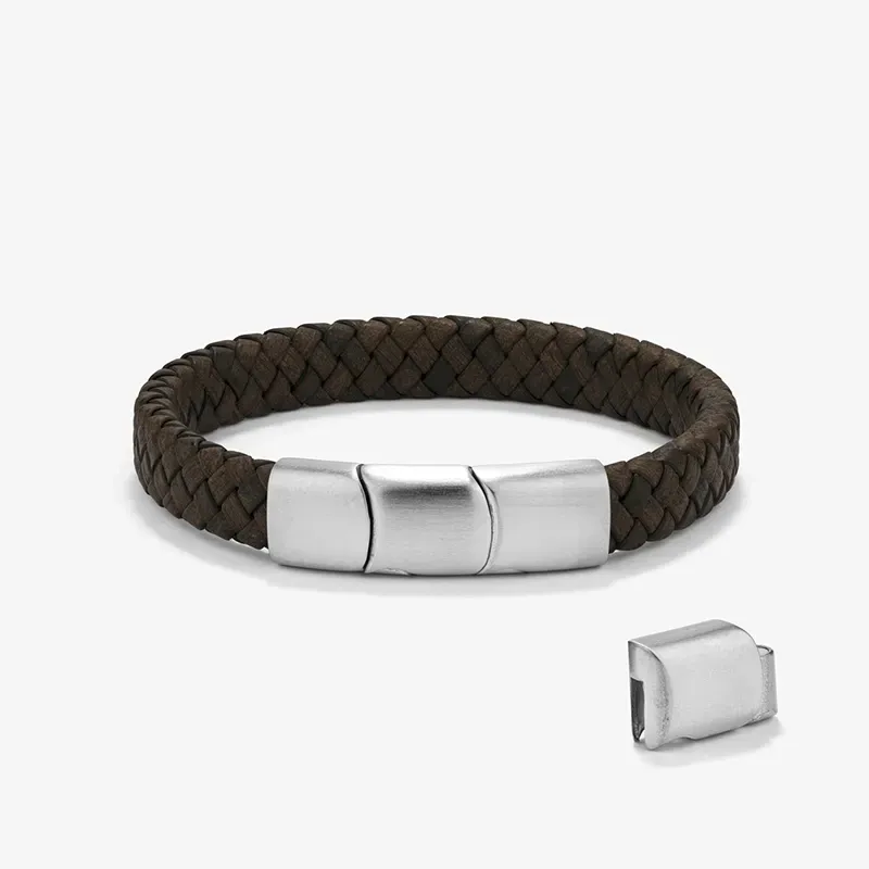 Pulsera Hombre Trama Chocolate/Plata | Cuero de Alta Calidad