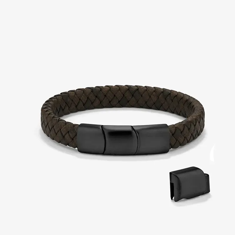 Pulsera Hombre Trama Chocolate/Negro | Cuero y Acero Modernos