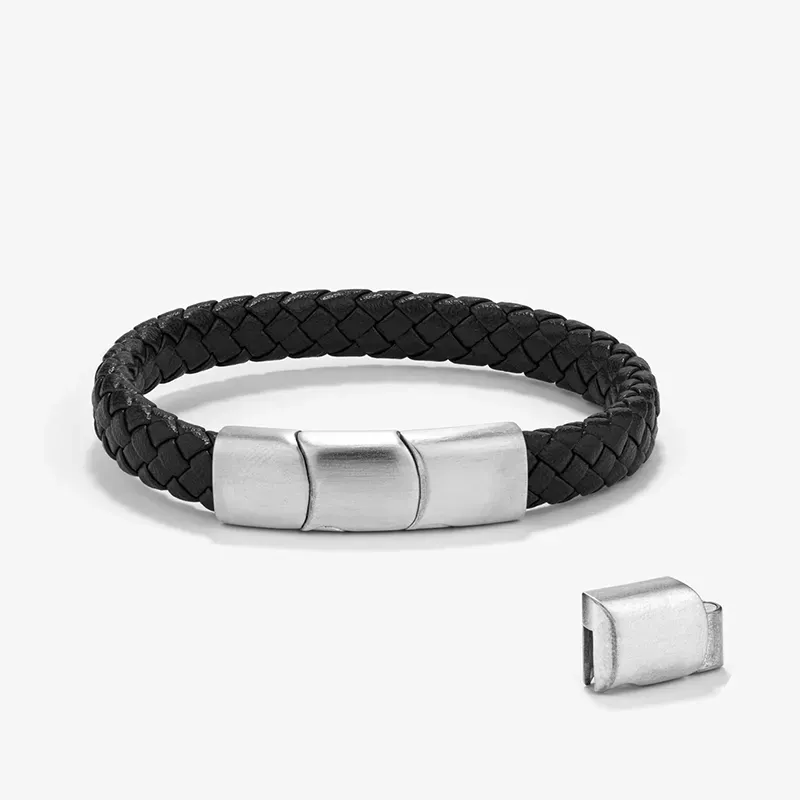  Pulsera Hombre Trama Negro/Plata | Cuero y Acero Atemporales
