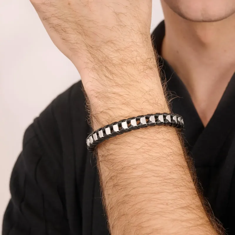 Pulsera Hombre Shadow Link Cuero Negro | Radiant